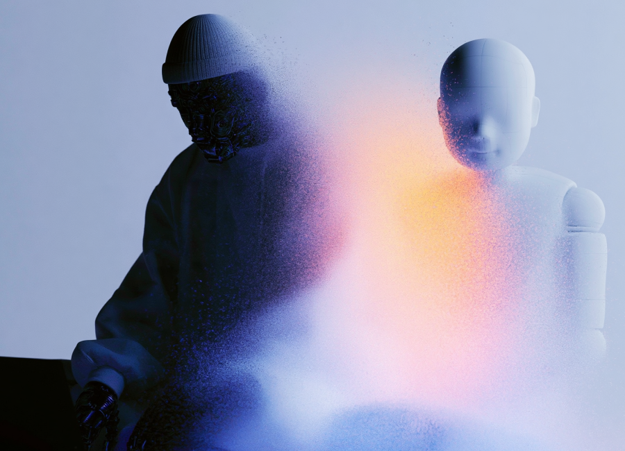 A human and AI figure dissolving into a soft field of light