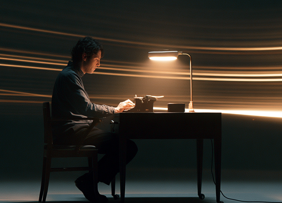 Individual contributor typing at a desk under a warm lamp with light trails behind them