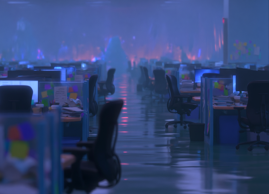 Quiet office desks glowing blue and pink in a shared team workspace