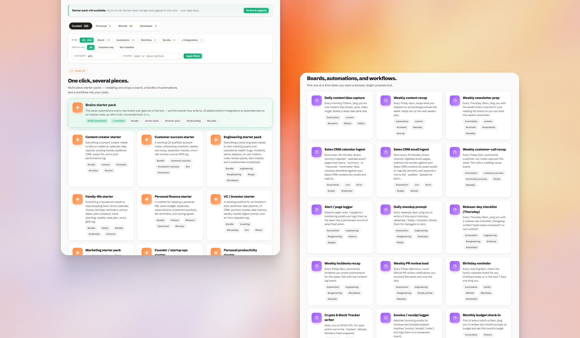 Codex app store showing recipe filters, starter packs, and automation cards
