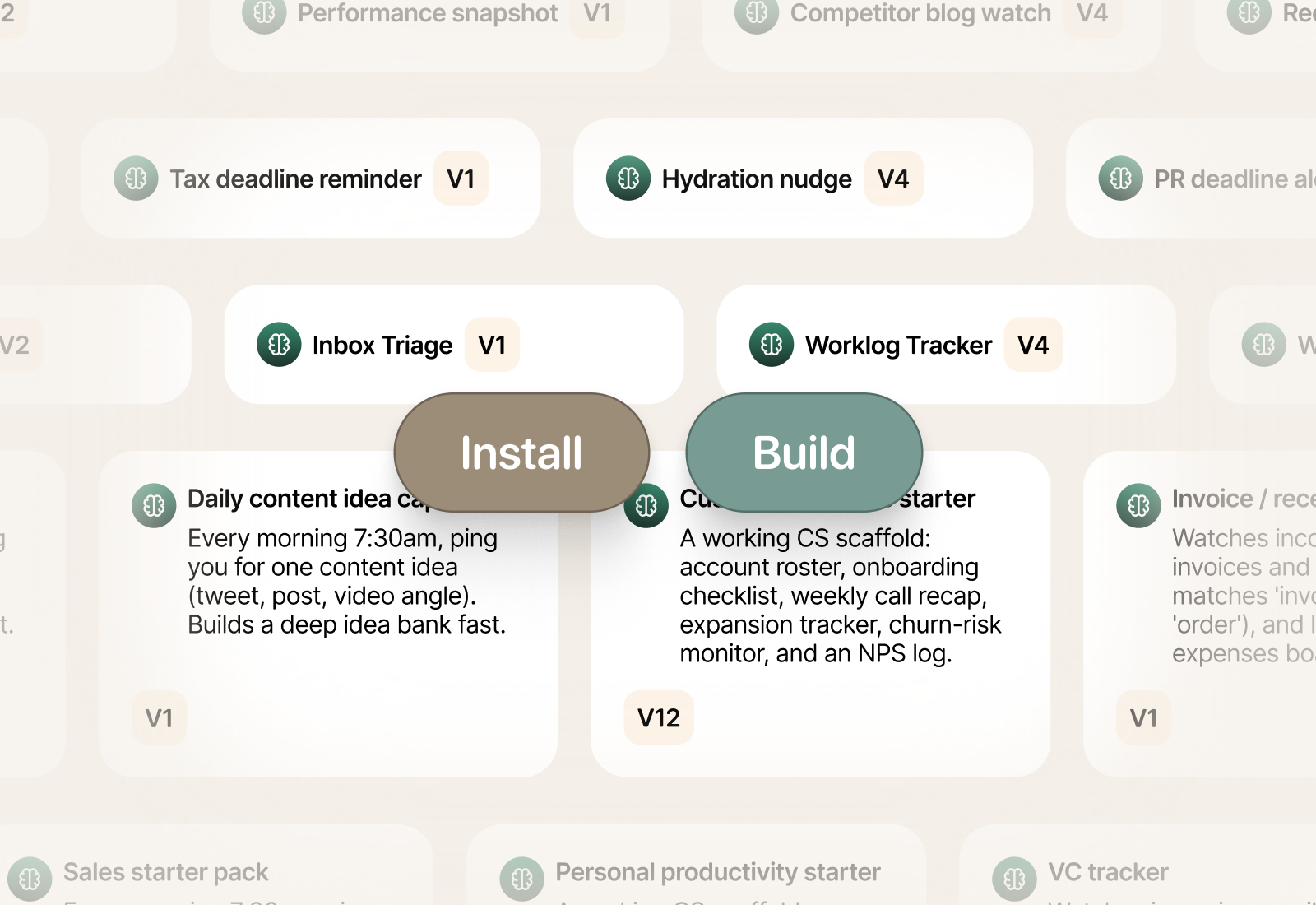 Codex catalog showing installable and buildable recipes such as inbox triage and worklog tracker