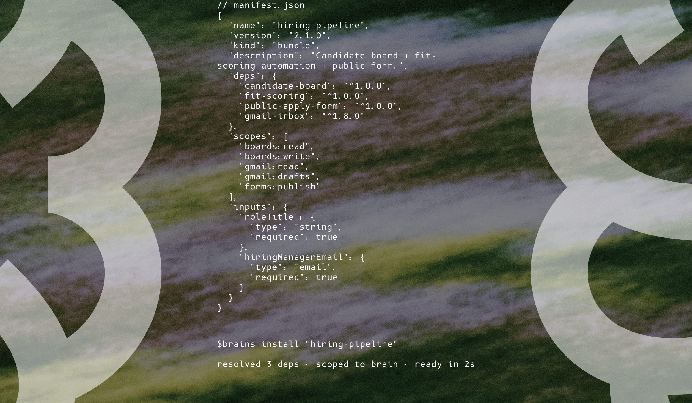 Manifest code and install command visual for Pro Brainers workspace